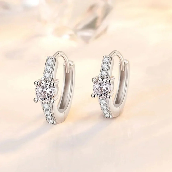 925 Sterling Silver Diamond Huggie Hoop Earrings - Picture 1 of 5